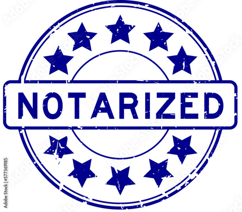 Grunge blue notarized word with star icon round rubber seal stamp on white background