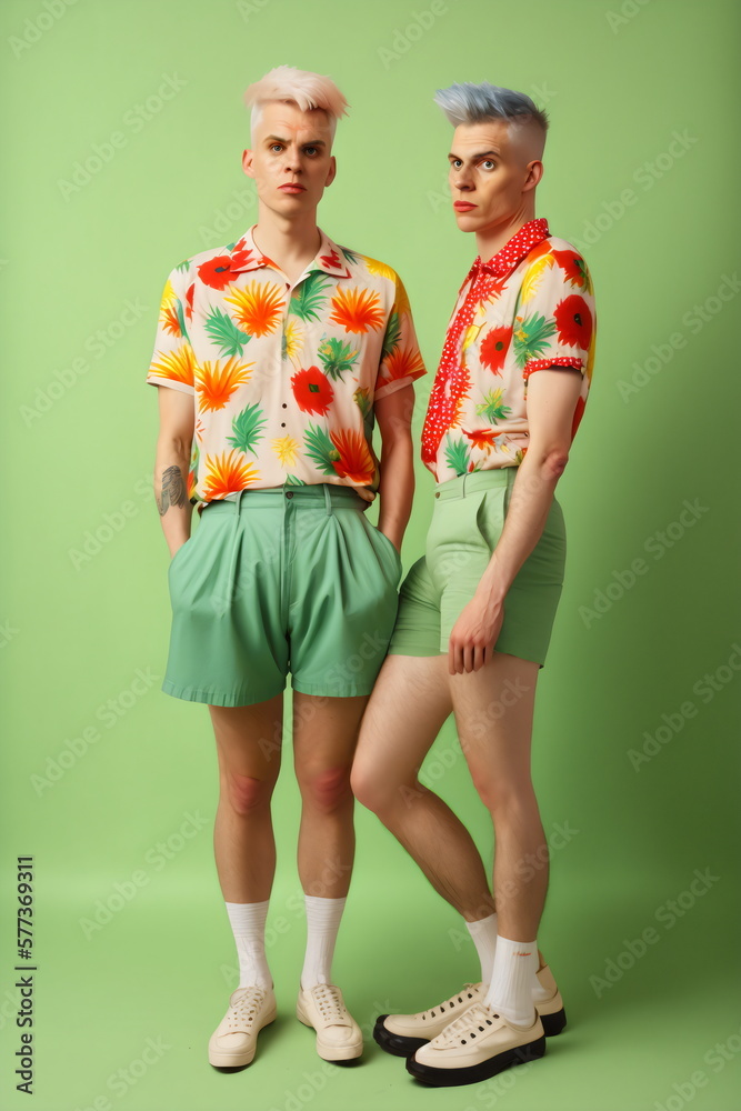 on trend, fashion model gay couple wearing matching floral outfits, generative ai on trend, fashion model gay couple wearing matching floral outfits, generative ai
