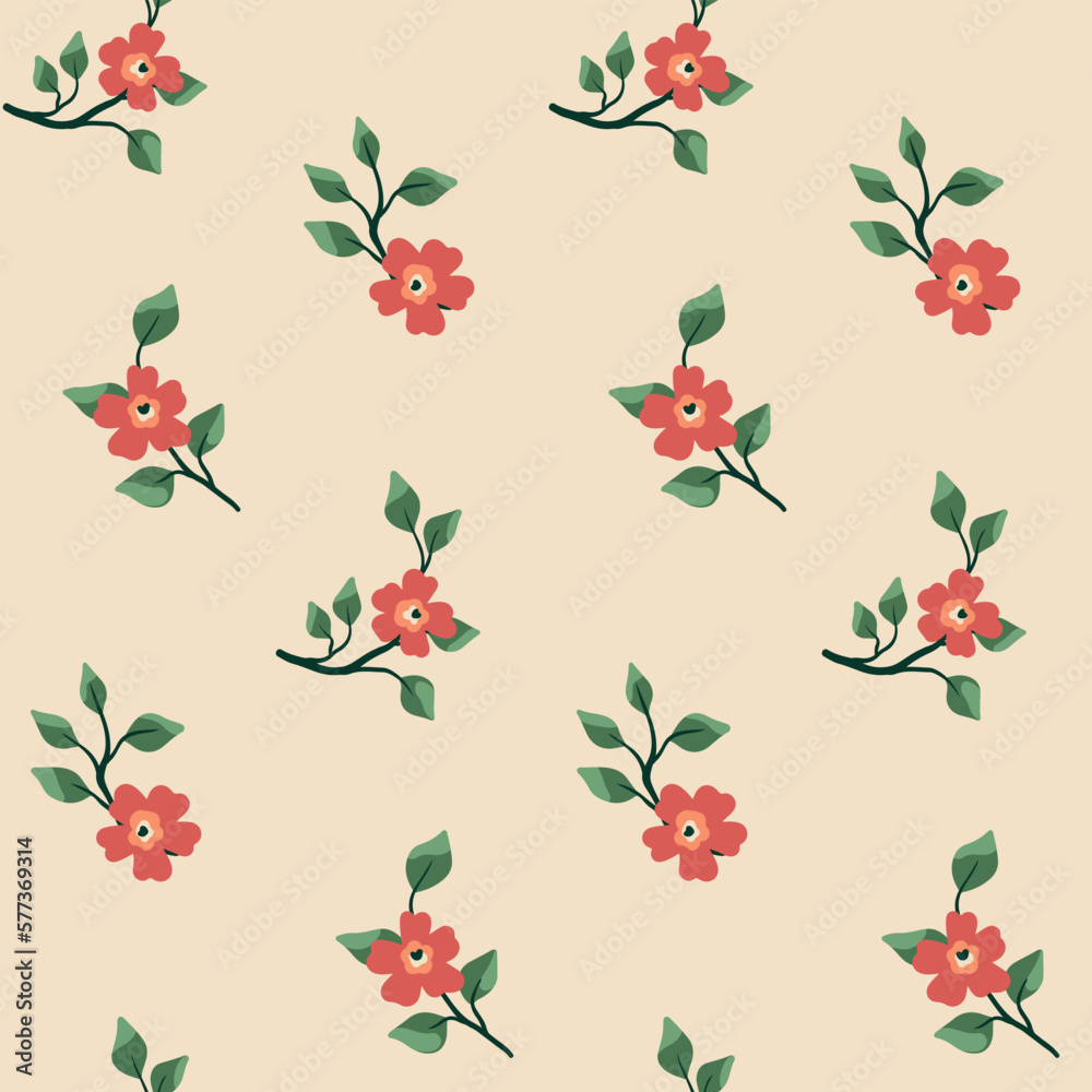 Seamless floral pattern with simple flowers branches. Cute flower print, spring botanical design with small hand drawn flowers on branches, leaves on a light background. Vector illustration.