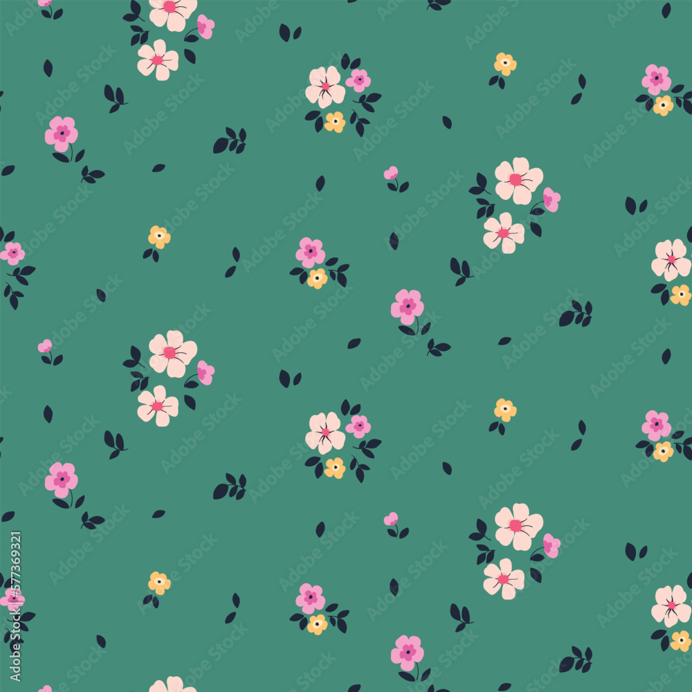 Seamless floral pattern, liberty ditsy print with cute tiny flowers. Pretty botanical design with small hand drawn flowers, leaves on a blue green field. Girly flower background. Vector illustration. Seamless floral pattern, liberty ditsy print with cute tiny flowers. Pretty botanical design with small hand drawn flowers, leaves on a blue green field. Girly flower background. Vector illustration.