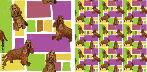 Cocker Spaniel dog summer bright wallpaper. Holiday abstract shapes square seamless background, repeatable pattern. Birthday wallpaper, Christmas present, print tiles. Simple puzzle with dogs. Game.
