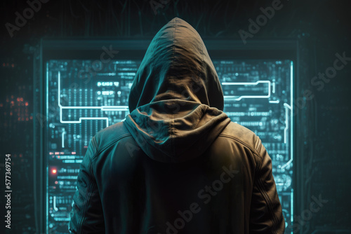 Back view of hacker in a hood with hidden face looks at the monitor screen with glowing code. Hacking and malware concept. Generative AI