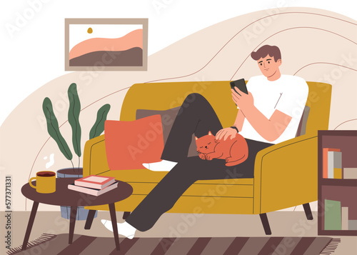 A young man sitting on a sofa and holding a smartphone. Relax and communication. Hand drawn vector colorful cartoon style illustration