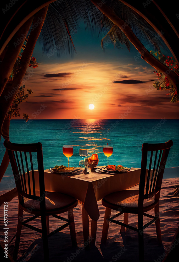 Fototapeta premium Served table by the sea at sunset. AI generated