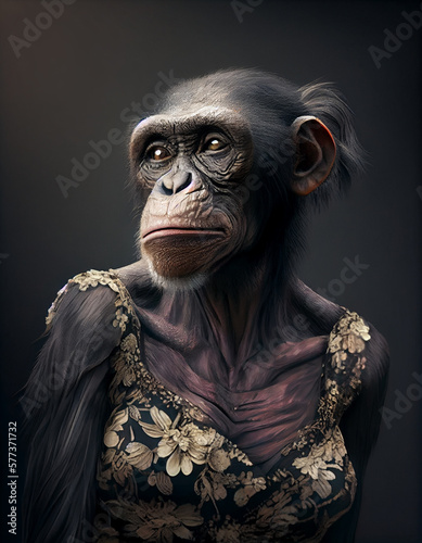 Female chimpanzee in evening dress and jewelry. Fashionista. Studio Portrait. Generative AI Digital Illustration