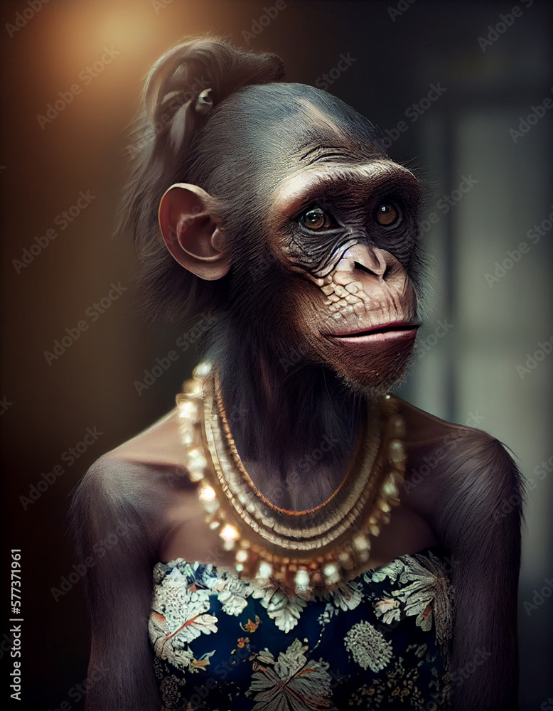Female chimpanzee in evening dress and jewelry. Fashionista. Studio Portrait. Generative AI Digital Illustration