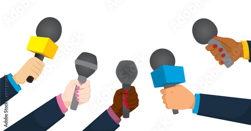 Vector illustration of reporters holding microphones isolated on white background. Journalist in a press conference layout