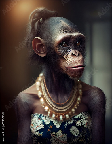 Female chimpanzee in evening dress and jewelry. Fashionista. Studio Portrait. Generative AI Digital Illustration © yucatana