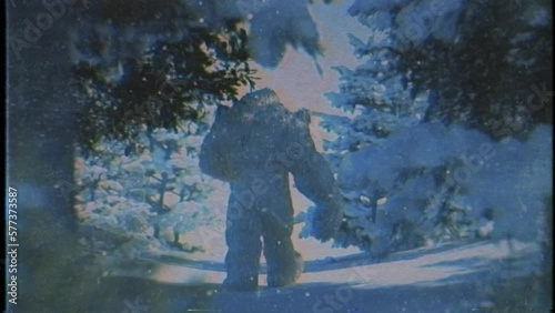 Bigfoot Walking In A Snowy Forest Retro