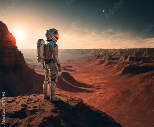 Astronaut stands on the edge of a cliff and looks at the landscape of an alien planet. Discovery of a new planet. Expedition to uncharted space. Journey and discovery concept. created with ai
