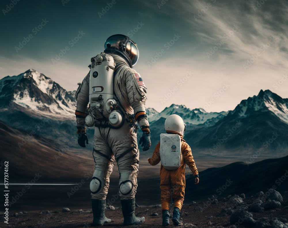 Father and child in space suits travel to a mysterious planet. Astronauts are exploring a new planet. Family travel concept. Uncharted space. created with ai Father and child in space suits travel to a mysterious planet. Astronauts are exploring a new planet. Family travel concept. Uncharted space. created with ai