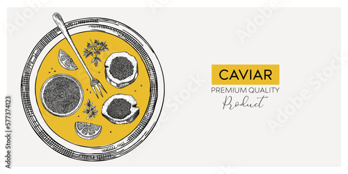Seafood platter in collage style. Black caviar abstract banner design  for restaurant menu or finger food party. Hand-drawn canned caviar, black caviar canape, lemons sketches. Vector food background