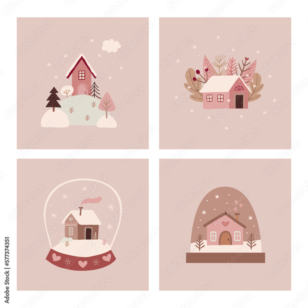 Winter card with houses, trees for Christmas