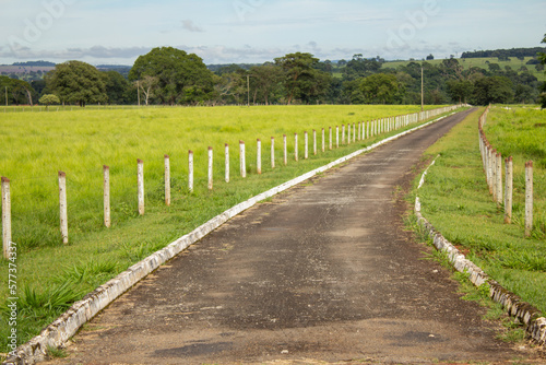 Uma estrada de concreto feita no campo, levando a uma fazenda, com uma cerca e um pasto verde   e fresco ao lado. © Angela