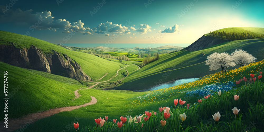 Beautiful spring landscape scene with rolling green hills and flowers. Generative ai - obrazy, fototapety, plakaty 