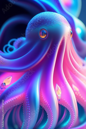 3D Octopus Colorful looking up in colorful background. 3D Illustration