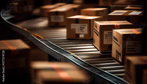 Image of a conveyor belt carrying boxes in a factory generated by AI photo