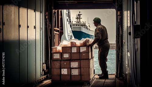 An image of a dock worker loading boxes onto a ship generated by AI photo