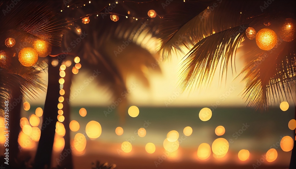 A tropical beach scene with golden circular bokeh lights in the foreground and palm trees swaying in the breeze against a backdrop of clear blue sky and turquoise water creates a warm atmosphere