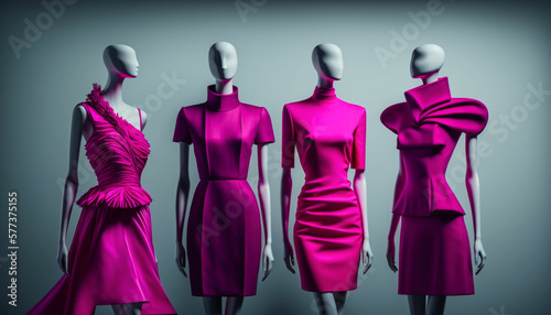 On mannequins against a white backdrop, there are 4 different modern outfits in vibrant viva magenta. An accessory for a fashion photoshoot.  Created with generative Ai Technology