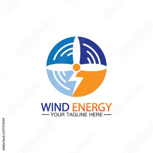 Wind energy logo. renewable energy icon with wind turbines and thunder bolt isolated on white background