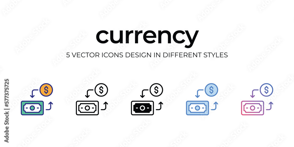 currency Icon Design in Five style with Editable Stroke. Line, Solid, Flat Line, Duo Tone Color, and Color Gradient Line. Suitable for Web Page, Mobile App, UI, UX and GUI design.