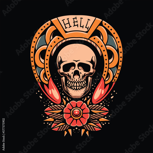 horseshoe and skull tattoo vector design