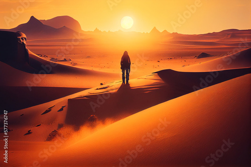 The traveler walks along the sand dunes against the backdrop of the setting sun. AI generated