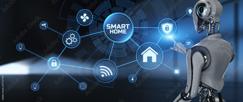 Fototapeta premium Smart home automation technology. Robot pressing button on screen 3d render.