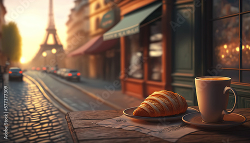 Delicious croissant and coffee cup on background of Eiffel Tower, Paris. Based on Generative AI