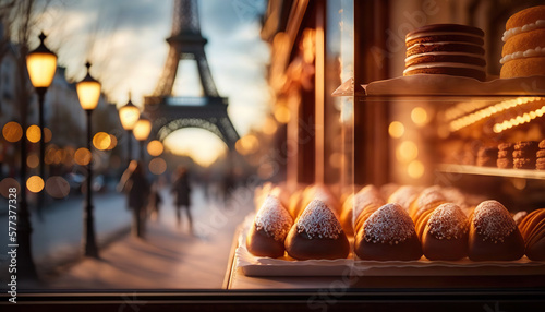 Fototapeta Naklejka Na Ścianę i Meble -  French bakery on background of Eiffel Tower, Paris. Based on Generative AI