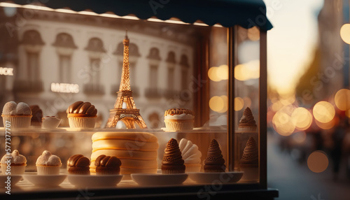 Fototapeta Naklejka Na Ścianę i Meble -  French bakery with Eiffel Tower toy figurine. Based on Generative AI