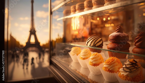 French bakery on background of Eiffel Tower, Paris. Based on Generative AI