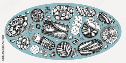Hand drawn canned fish illustrations collection. Sardines, anchovy, mackerel, tuna, mussels in tin cans, fish canapes, olives, crackers and lemons sketches set in collage style. Table view design