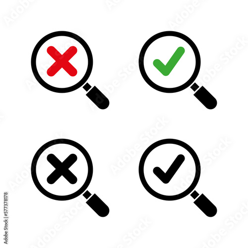 magnifying glass with checkmark and cross icon vector