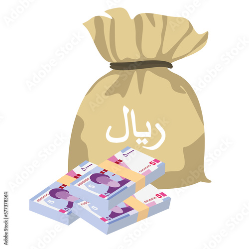 Iranian Rial Vector Illustration. Iran, Afghanistan, Hajj, Syria money set bundle banknotes. Money bag 50000 IRR. Flat style. Isolated on white background. Simple minimal design.