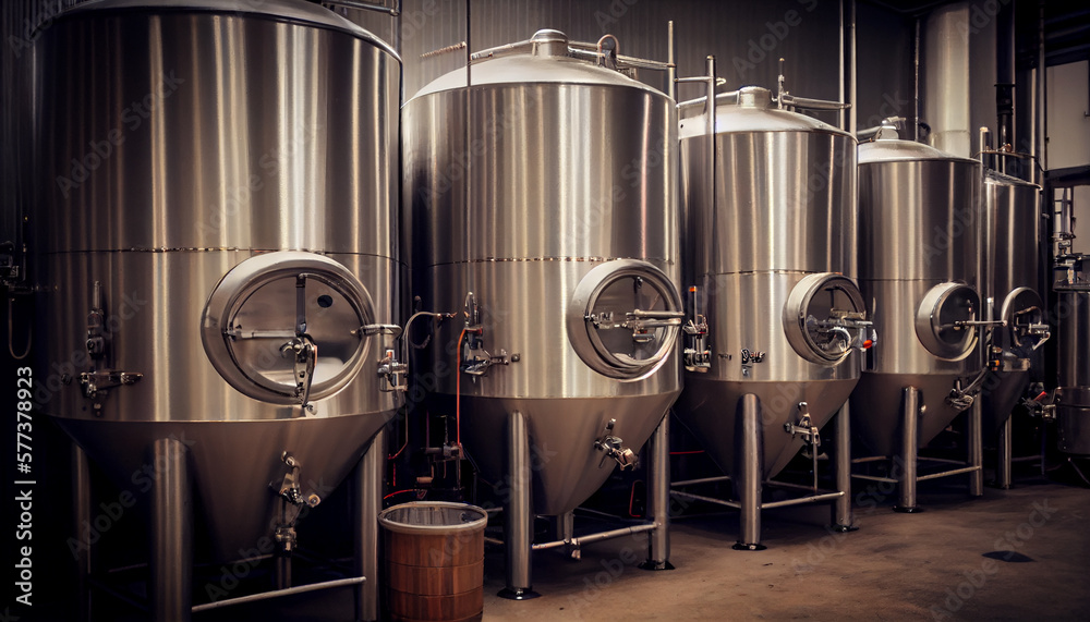 Modern Beer Factory. Rows of steel tanks for beer fermentation and maturation. Spot light effect