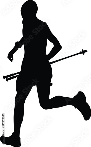 man running mountain marathon in hand trekking pole black silhouette