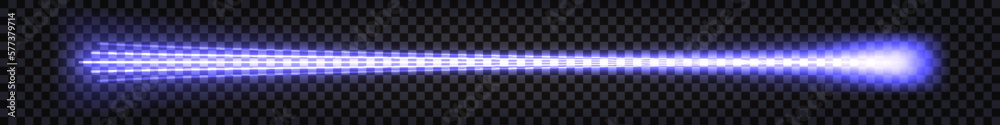 Blue purple neon laser beam, glowing light effect. Luminous ray lines with flash light and shiny explosions. Futuristic hi-tech design elements isolated on transparent background. Vector illustration