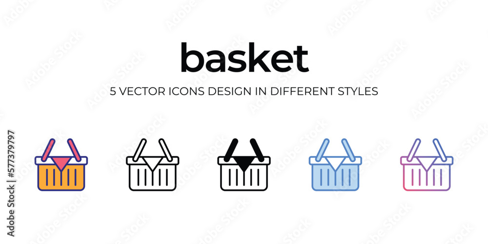  basket Icon Design in Five style with Editable Stroke. Line, Solid, Flat Line, Duo Tone Color, and Color Gradient Line. Suitable for Web Page, Mobile App, UI, UX and GUI design.