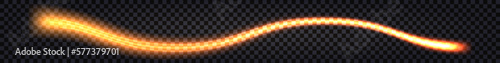 Glowing light wave swirl, fiery orange and yellow trail, neon glow effect. Lightning thunder bolt; dynamic impulse; electric shock; flash explosion. Isolated transparent vector illustration
