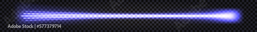 Blue purple neon laser beam, glowing light effect. Luminous ray lines with flash light and shiny explosions. Futuristic hi-tech design elements isolated on transparent background. Vector illustration