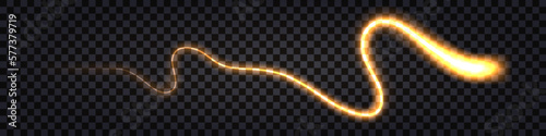 Glowing light wave swirl, fiery orange and yellow trail, neon glow effect. Lightning thunder bolt; dynamic impulse; electric shock; flash explosion. Isolated transparent vector illustration