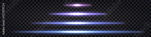 Laser neon beam sticks. Glowing light effect. Blue and purple luminous lines with thunder bolt shine. Synthwave design style elements isolated on transparent background. Vector illustration