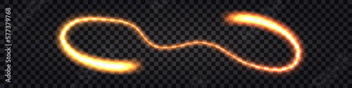 Glowing light wave swirl, fiery orange and yellow trail, neon glow effect. Lightning thunder bolt; dynamic impulse; electric shock; flash explosion. Isolated transparent vector illustration