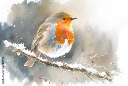 Watercolour of a robin redbreast (Erithacus rubecula) bird in the winter snow, a British European garden songbird often found on Christmas greeting cards, computer Generative AI stock illustration
