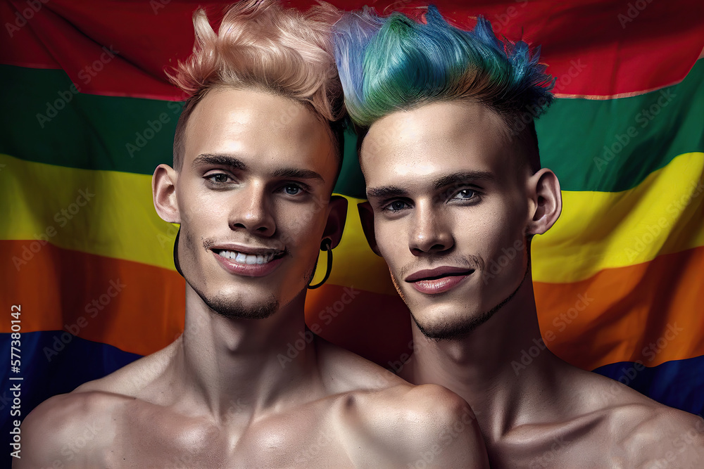 Fototapeta premium Portrait of a couple of gay guys, nude, color hair with a colorful background of rainbow flag. Concept of freedom. Generated by AI