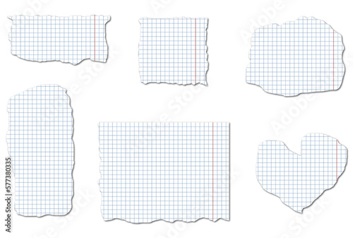 Paper scraps. Ripped paper. Torn pieces of paper from a notebook in a cell. School notebook. Set of paper sheets. 