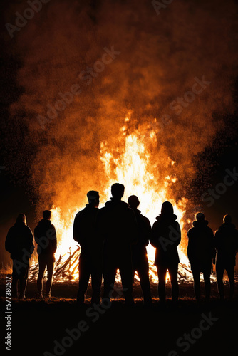 People silhouettes watching easter fire or bonfire. Vertical format with copy space. Generative AI.