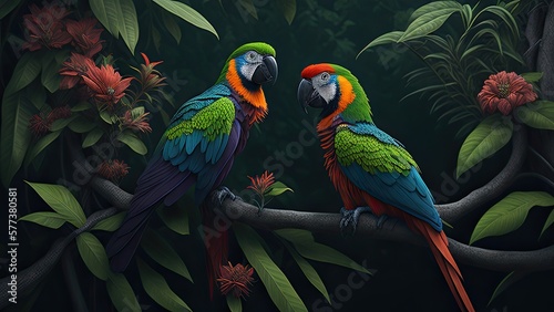Illustration of a tropical rainforest with parrots © Korney